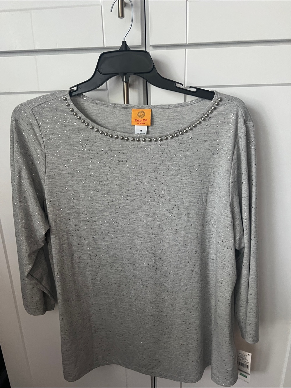 Ruby Rd. Silver Heather Pearl-Accent Boatneck Top